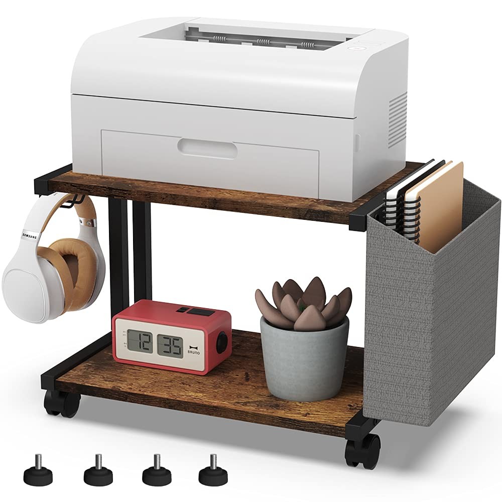 2 Tier Rustic Brown Wooden Under Desk Printer Stand with Storage Bag for Home...