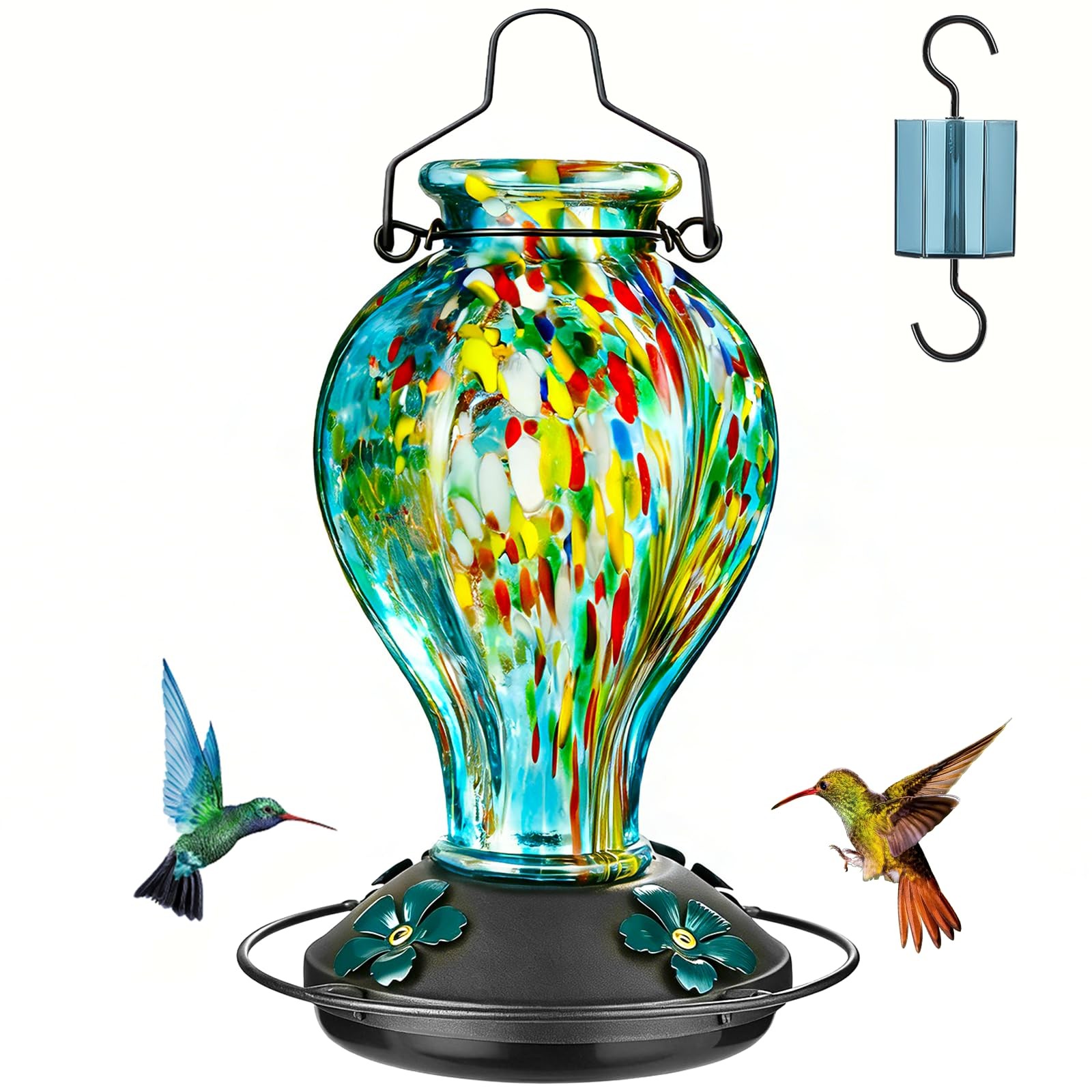 Tegarbed Hand Blown Glass Hummingbird Feeders for Outdoors Blue Fireworks