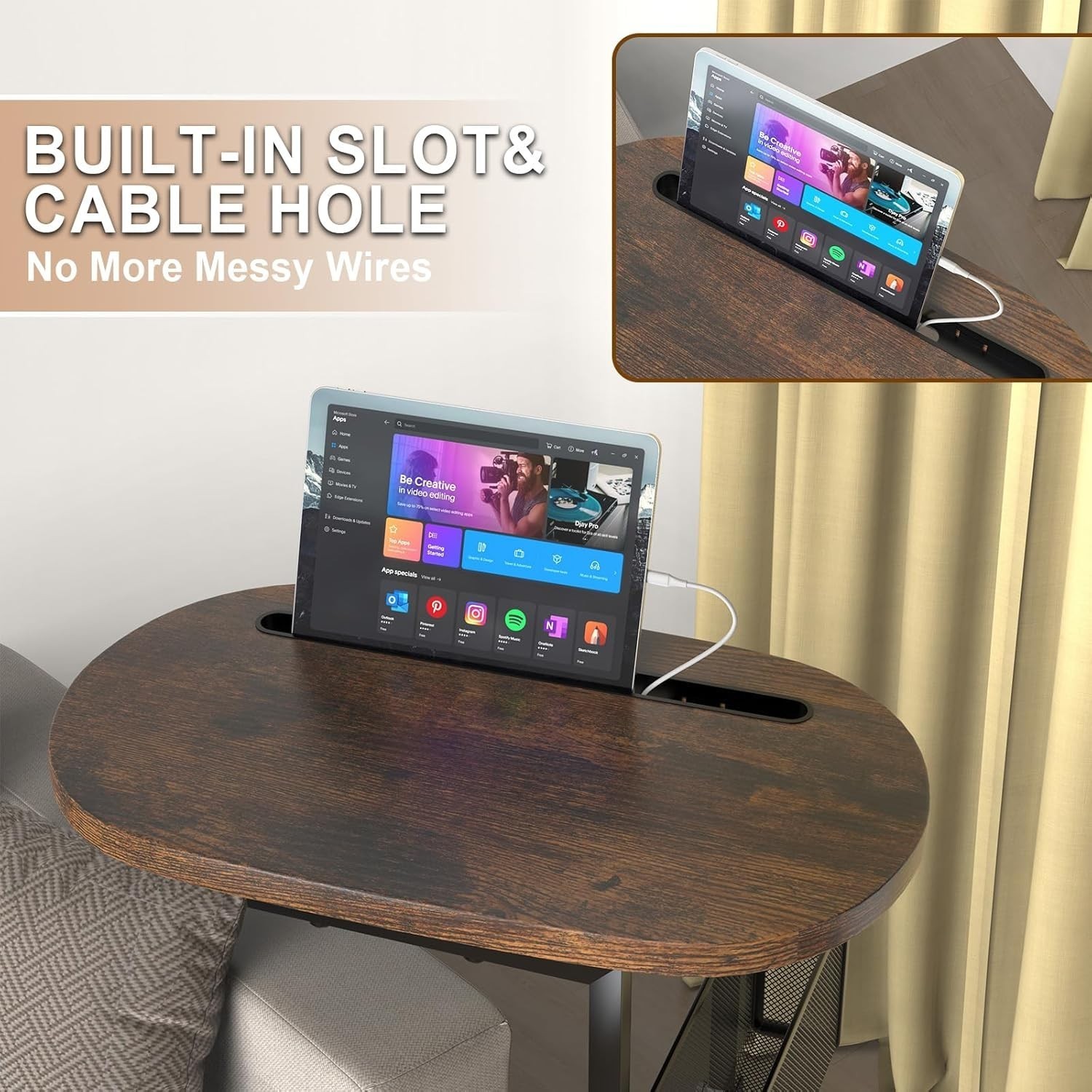 TV Tray Table W/ Large Tabletop Adjustable Sofa Table W/ Storage Baskets