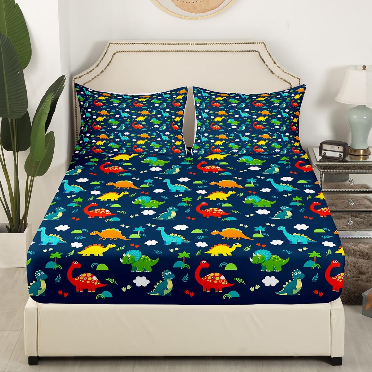 Dinosaur Fitted Sheet Queen Size Kids Bedding Set Cartoon Dinosaur Fitted She...