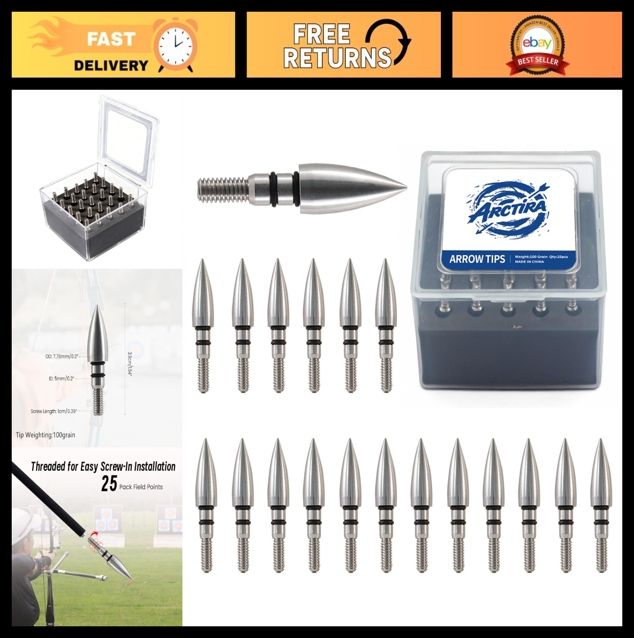 25 Pcs Stainless Steel Archery Field Points 100/125 Grain Arrow Tips & Case