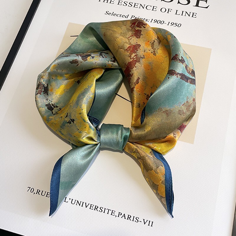 100% Mulberry Silk 21" Small Scarf For Women Neckerchief Wrap Yellow Oil Paiting