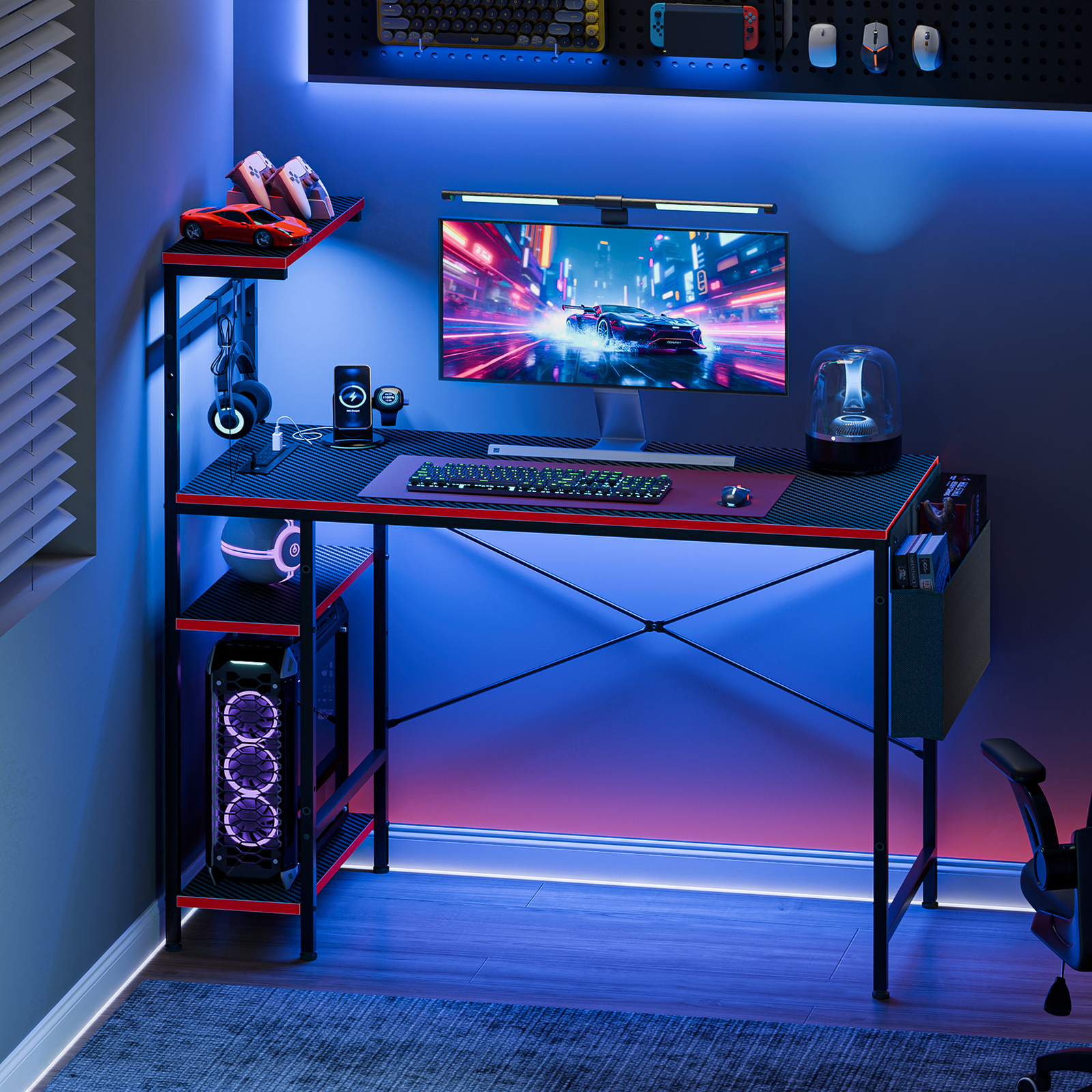 44" Computer Desk w/ Power Outlets Led Desk 4 Tiers Reversible Shelf Hook & Side