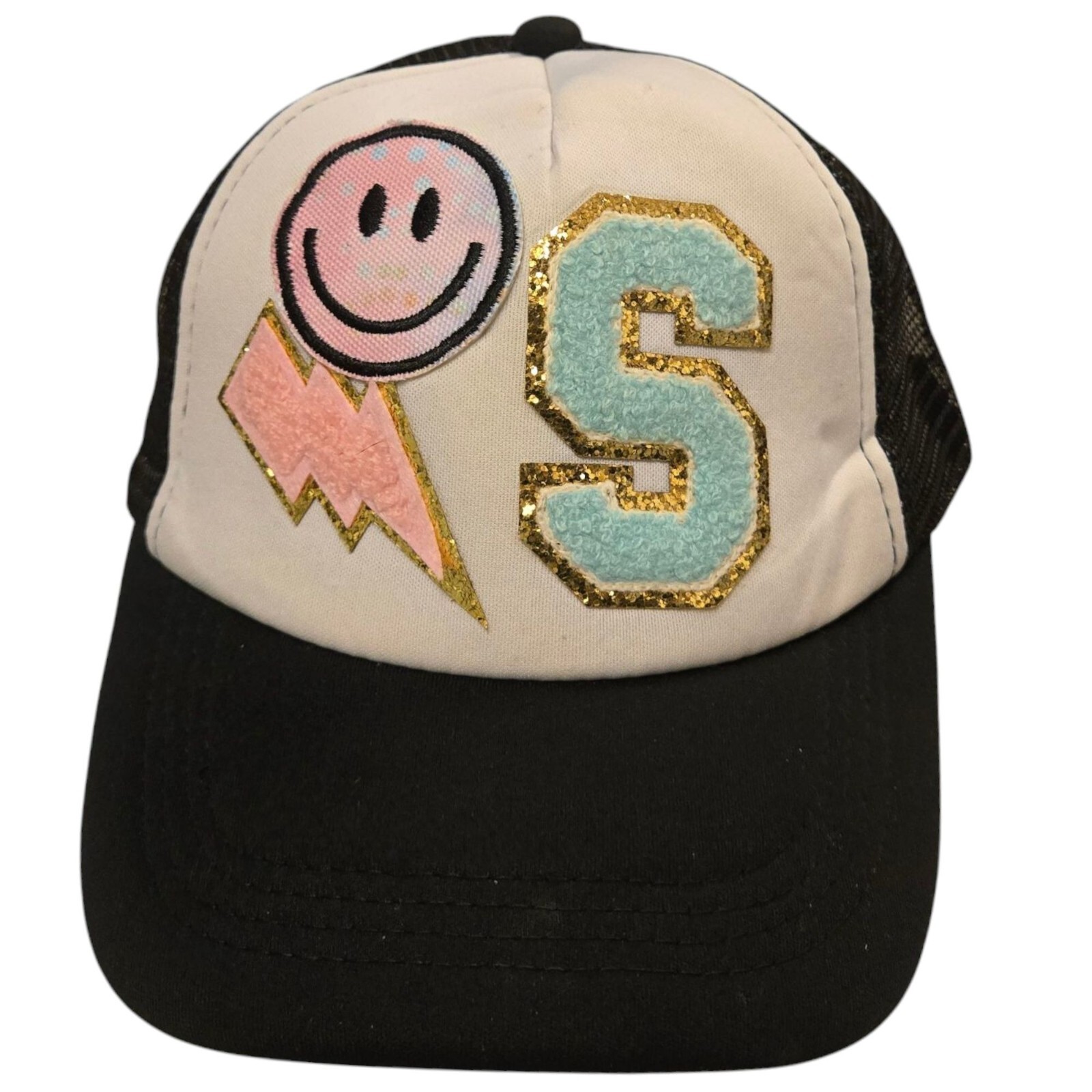 Letter S Trucker Hat Black White Mesh Snapback Smiley Face Lightning Bolt READ