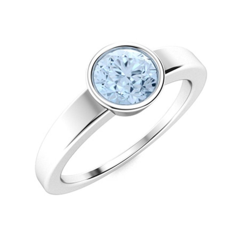 5mm Aquamarine Bezel Solitaire 925 Sterling Silver Ring Modern Wedding Jewelry