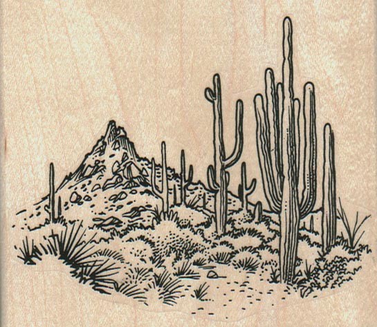 Saquaro Cactus Scene  3 3/4 x 3 1/4" Rubber Stamp, Western Stamp, Cowboy Stamp