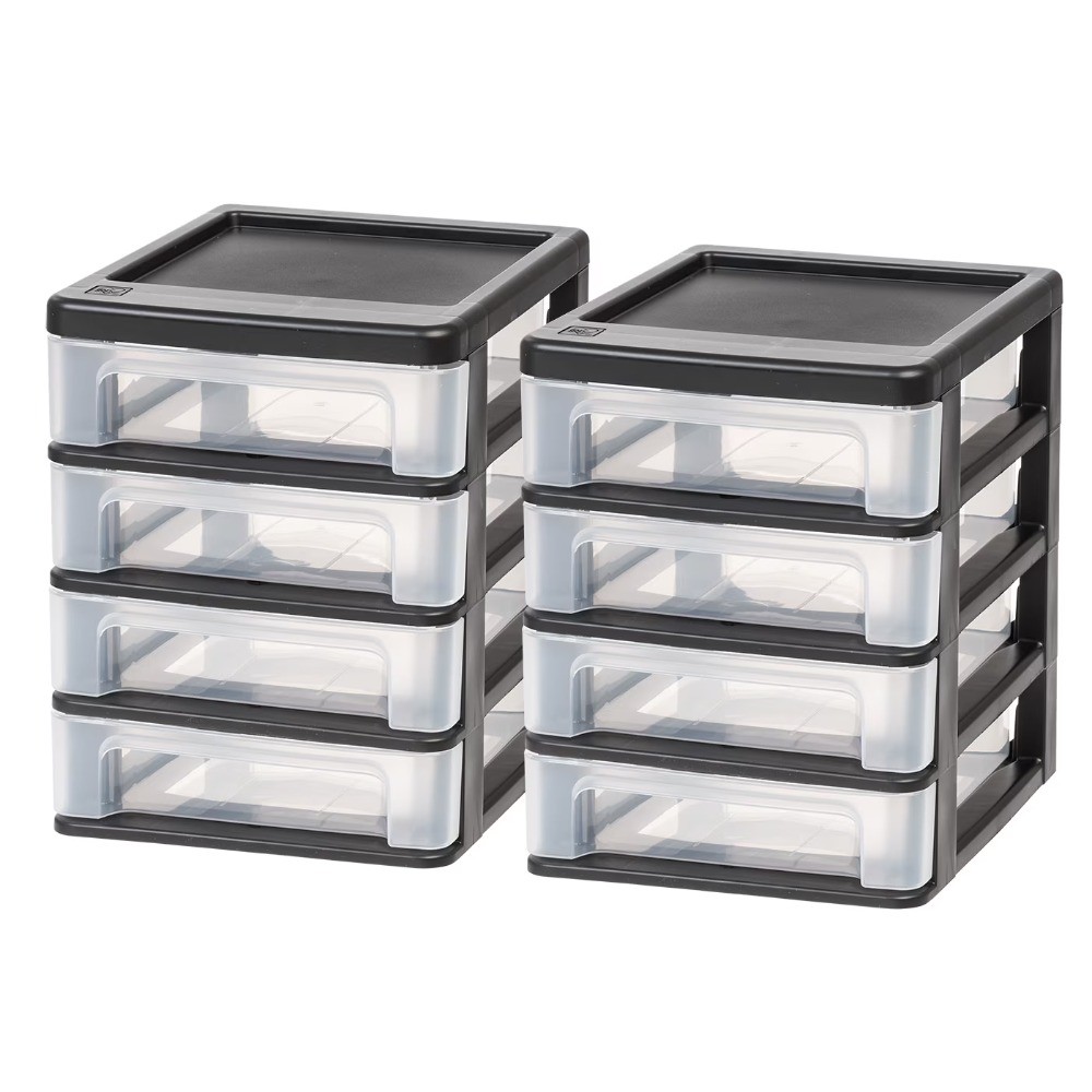 Small 4-Drawer Compact Organizer, Stacking Desktop Unit, Black-Clear, Set of 2