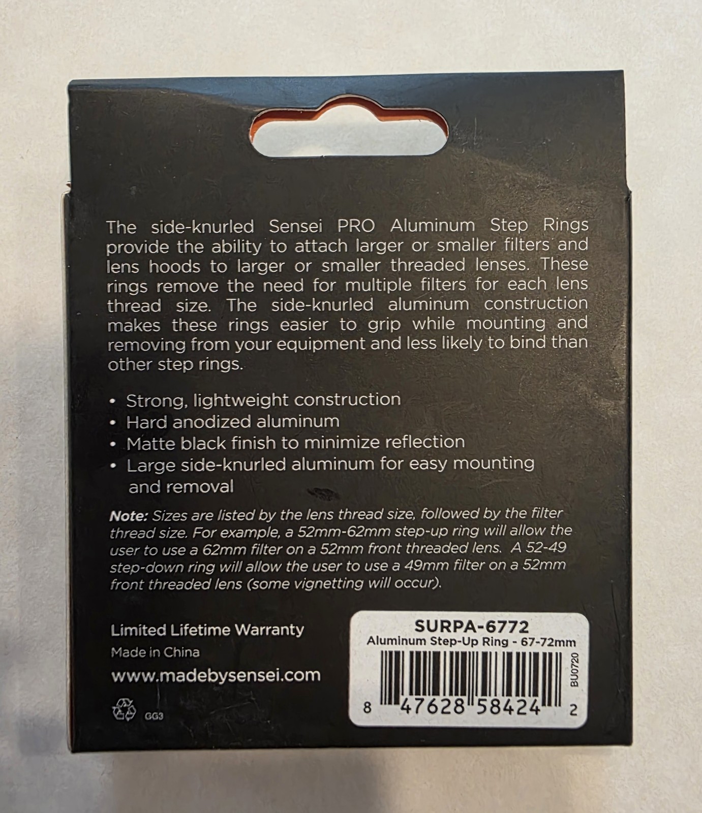 Sensei Pro Aluminum Step-up Ring 67mm-72mm