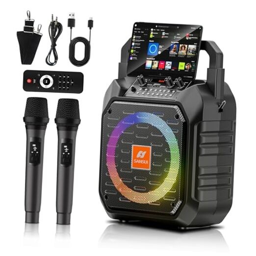 D69 Karaoke Machine, Portable Bluetooth PA Speaker with 2 Wireless D69-2 Mic