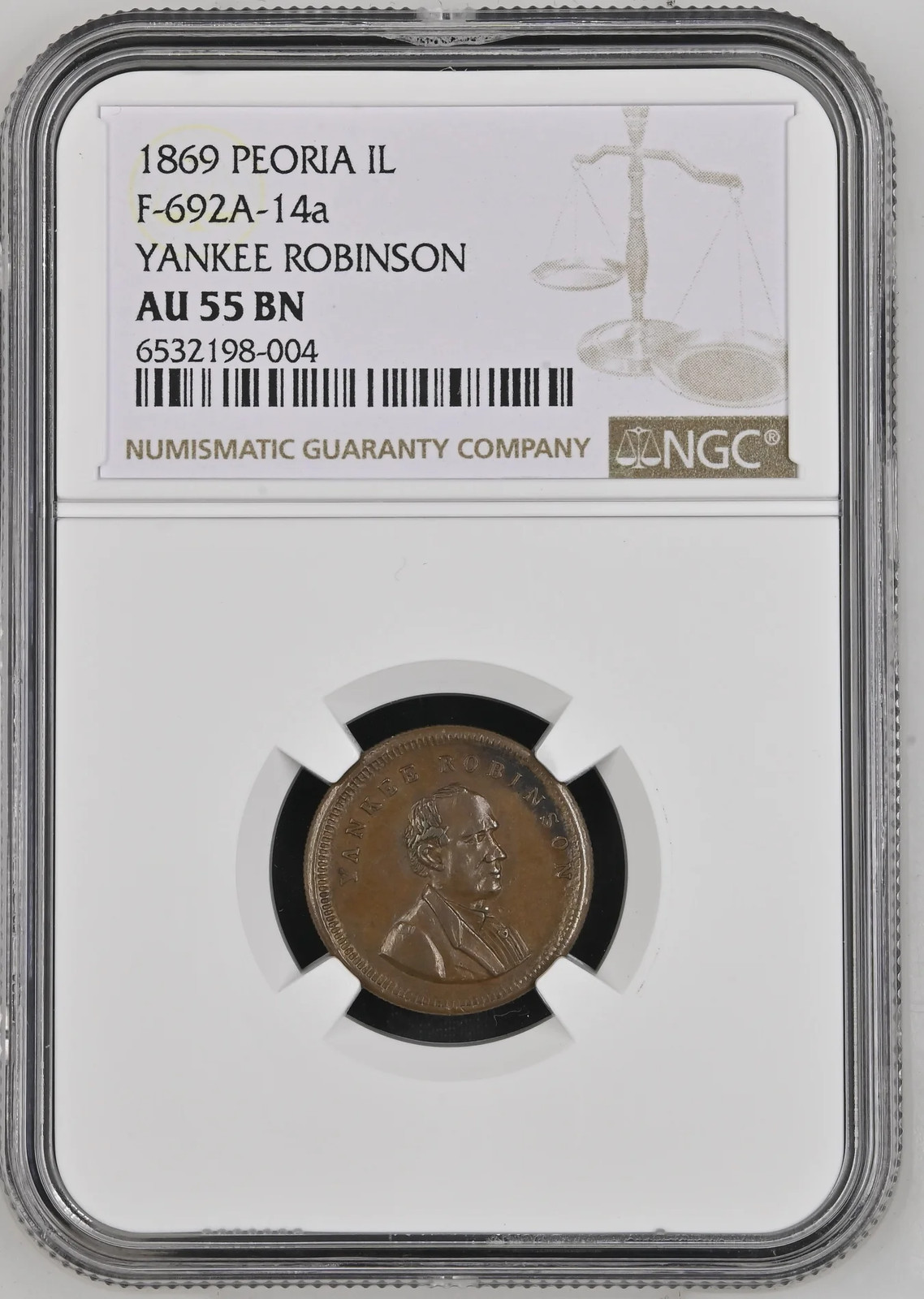 1869 YANKEE ROBINSON Peoria IL Civil War Store Card Token NGC AU55 BN F-692A-14a
