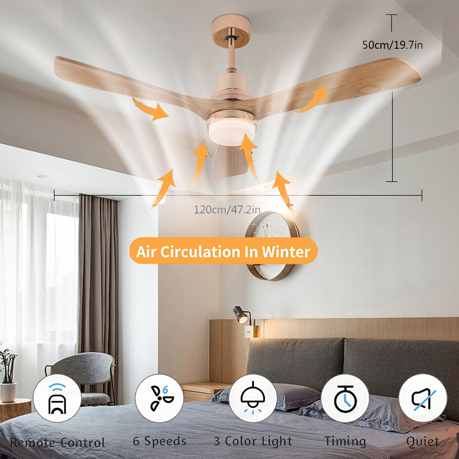 48" Outdoor Ceiling Fan Light With Remote Control  6 Speed Led Chandelier Lamp
