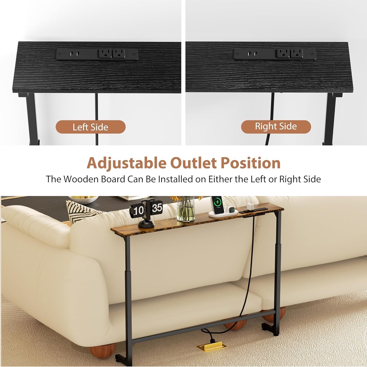 45" Adjustable Height Narrow Console Table W/ Power Outlets Long Sofa Table