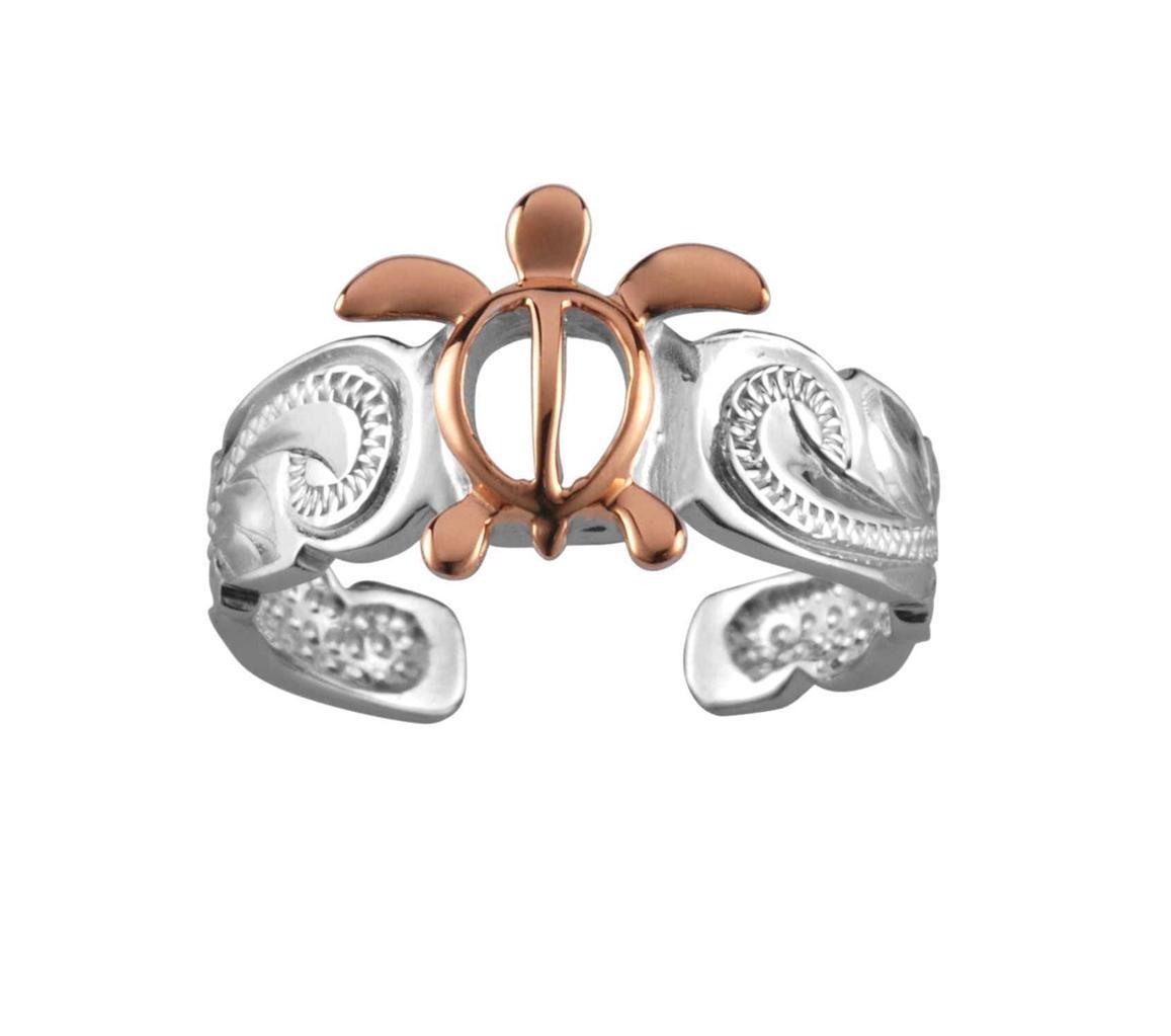 SILVER 925 HAWAIIAN PINK ROSE GOLD HONU TURTLE SCROLL TOE RING CUT OUT RHODIUM