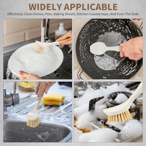 Dish Brush with Built-in Scraper - 4 Pack Bamboo Dish Scrubber Brush with