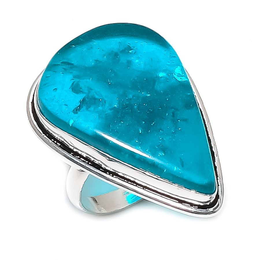 Blue Amber Gemstone 925 Sterling Silver Jewelry Ring Size 8.5 Gift for Her R555