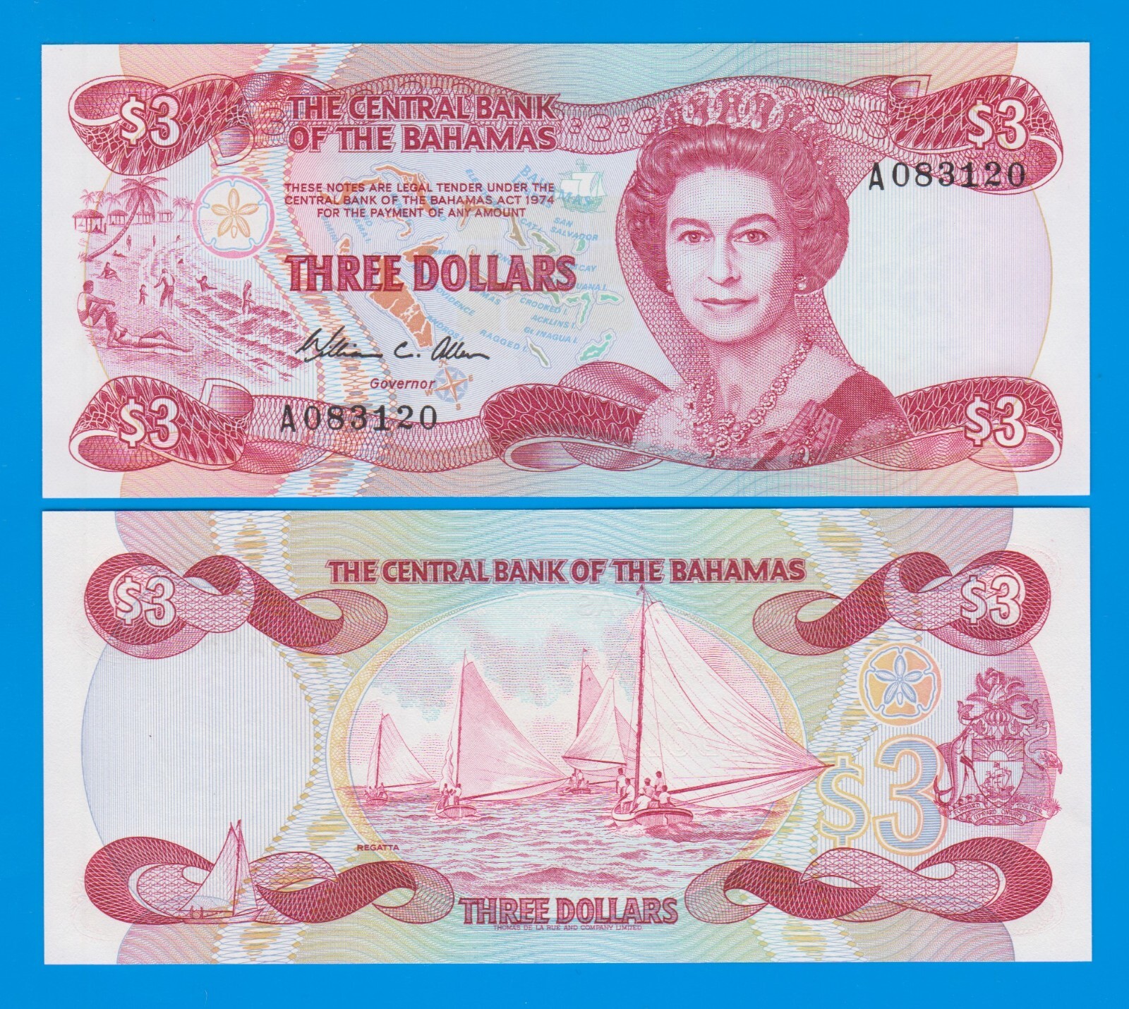 Bahamas 3 Dollars 1984 P 44 UNC Prefix "A" Queen Elizabeth II