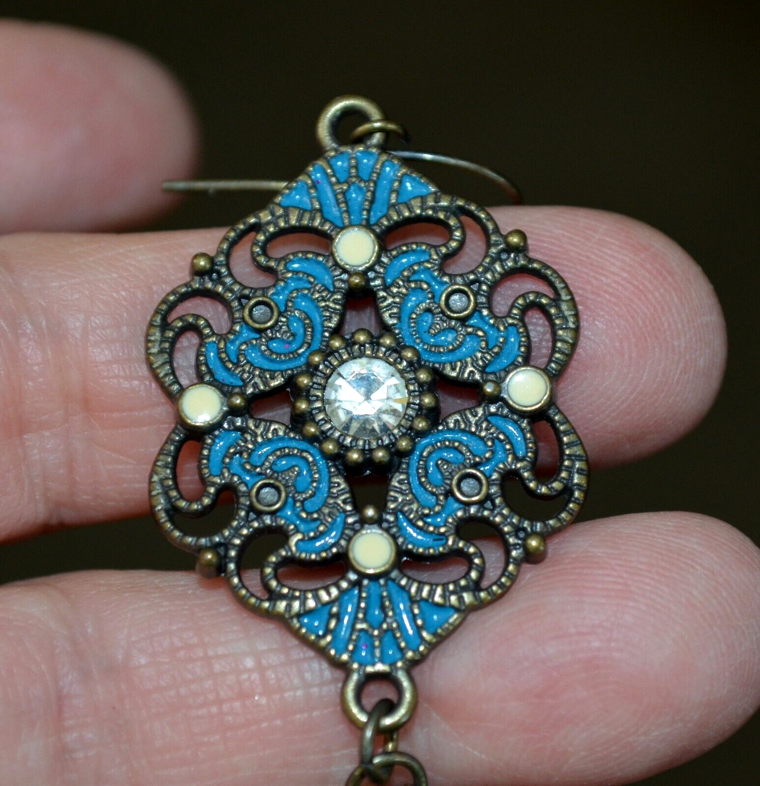 Dangle Pierced Hook Earrings Blue w/ Clear Center Rhinestone & Chain Dangles