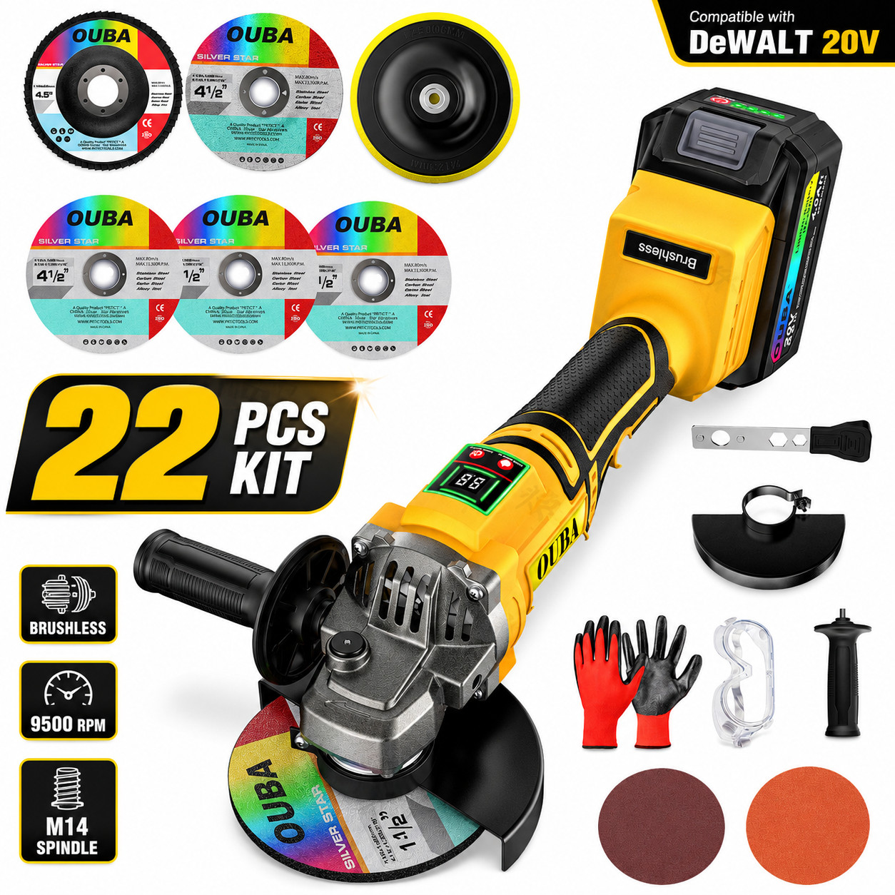 Cordless Angle Grinder Compatible Dewalt 20V MAX Battery 4-1/2" to 5" Brushless