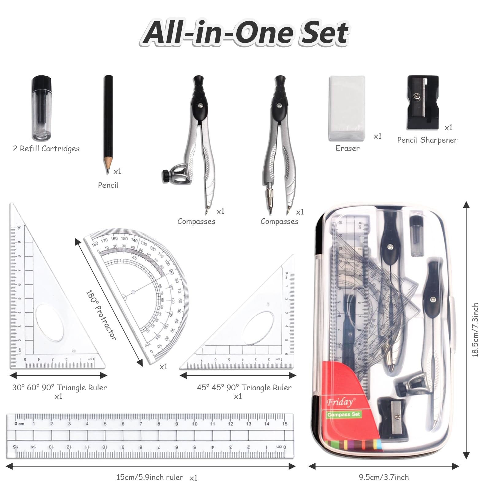 SAYEEC Geometry Set, 10 Pcs Math Protractor Compasses Kit with 10 (Black)