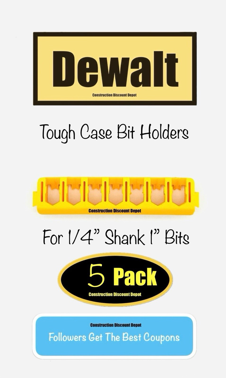 5 Pack Dewalt Tough Case Yellow Bit Holder  1" bits 1-in.