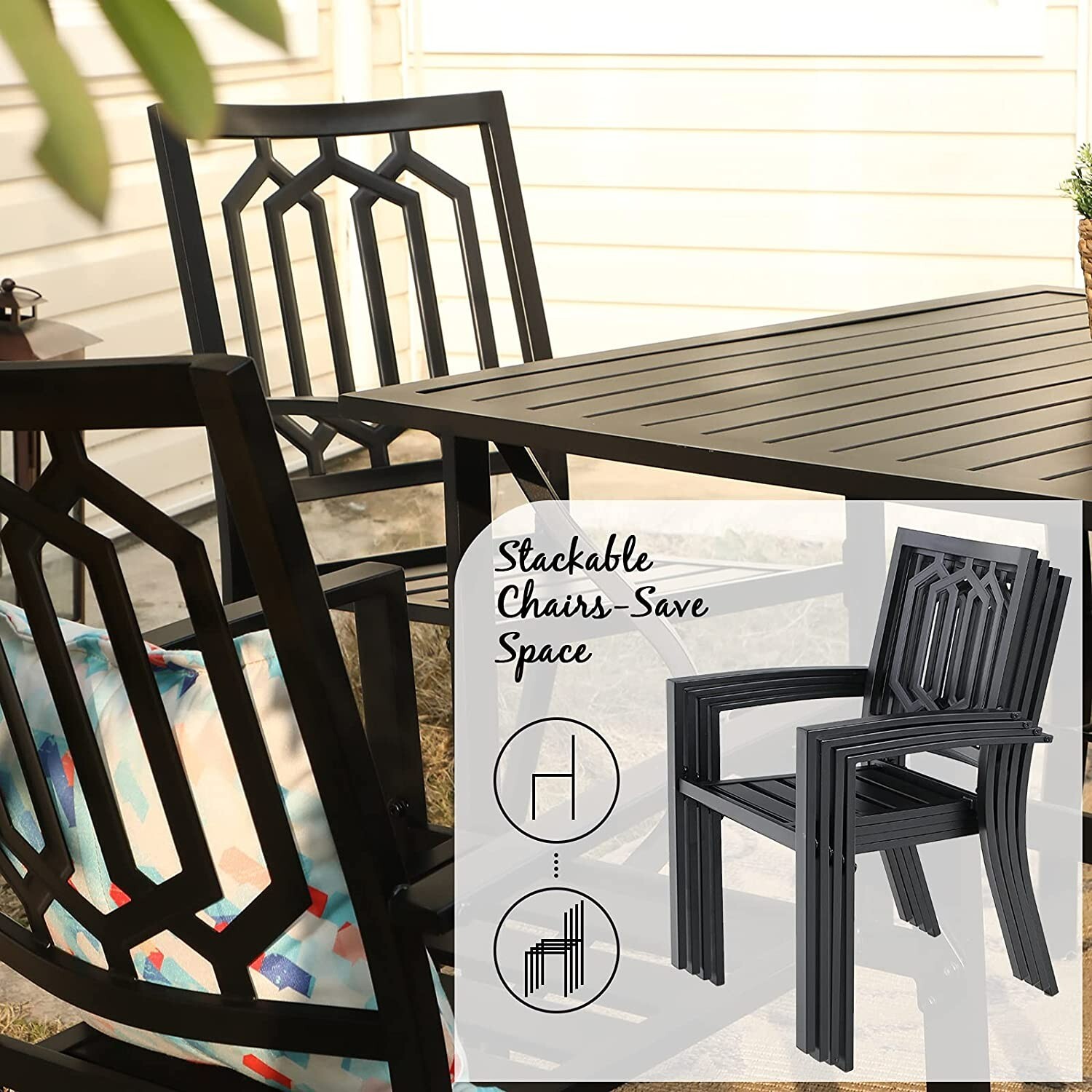 Patio Dining Set Metal Outdoor Bistro Stackable Chairs& Table Black Heavy Duty
