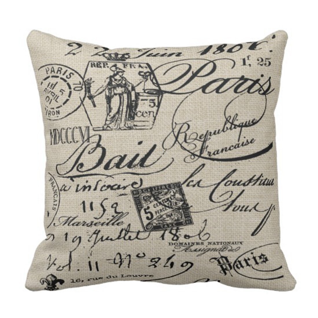Emvency Throw Pillow Cover French Script 18" x (Pack of 1), Beige