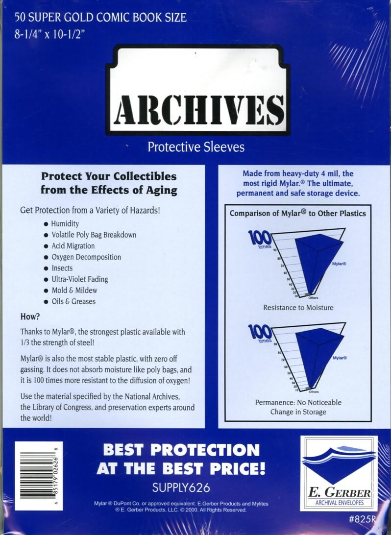50 E. Gerber Archives 4 Mil Mylar Super Gold Comic Book Sleeves 825R