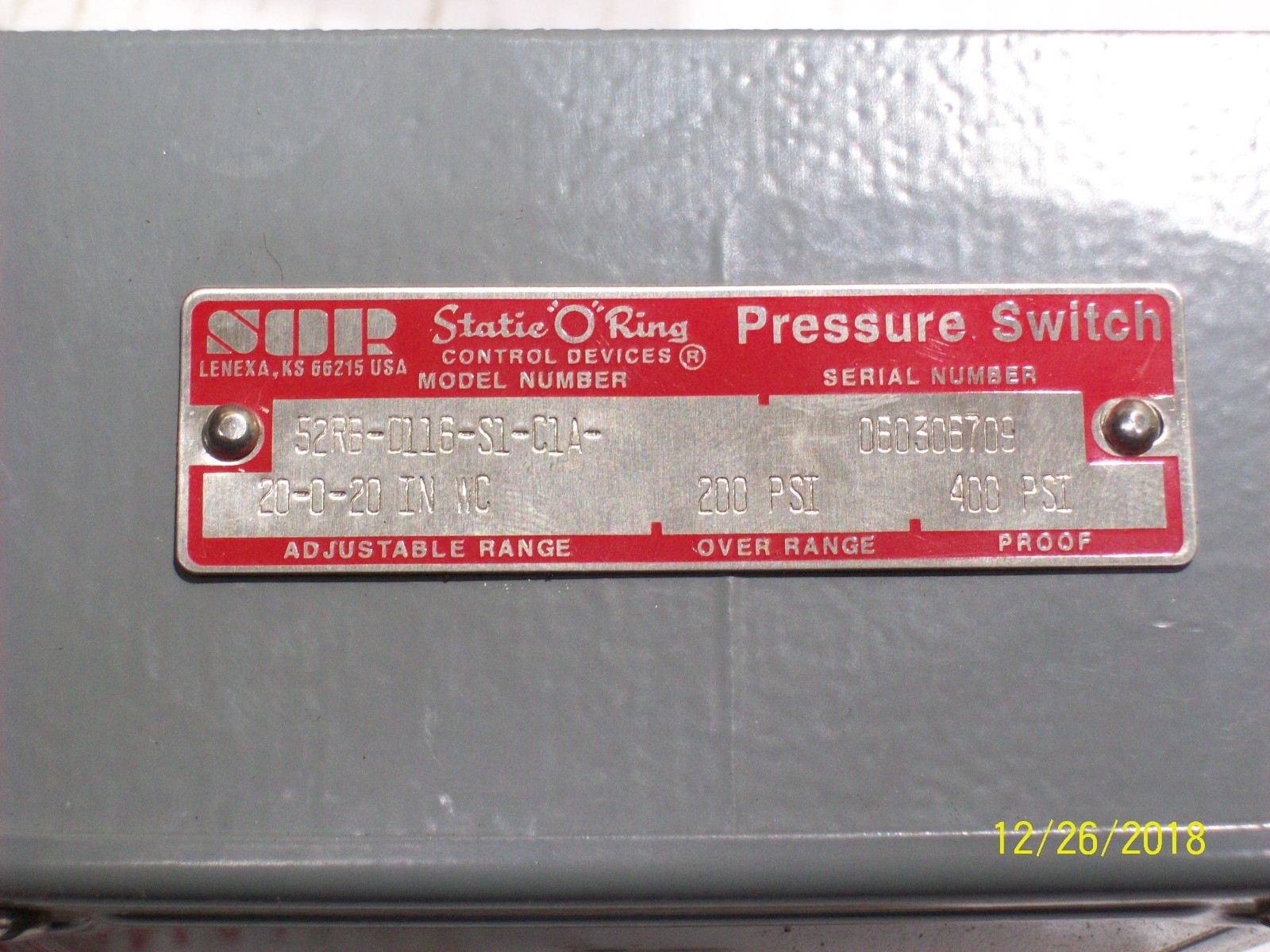 NEW STATIC-O-RING 52RB-D116-S1-C1A PRESSURE SWITCH