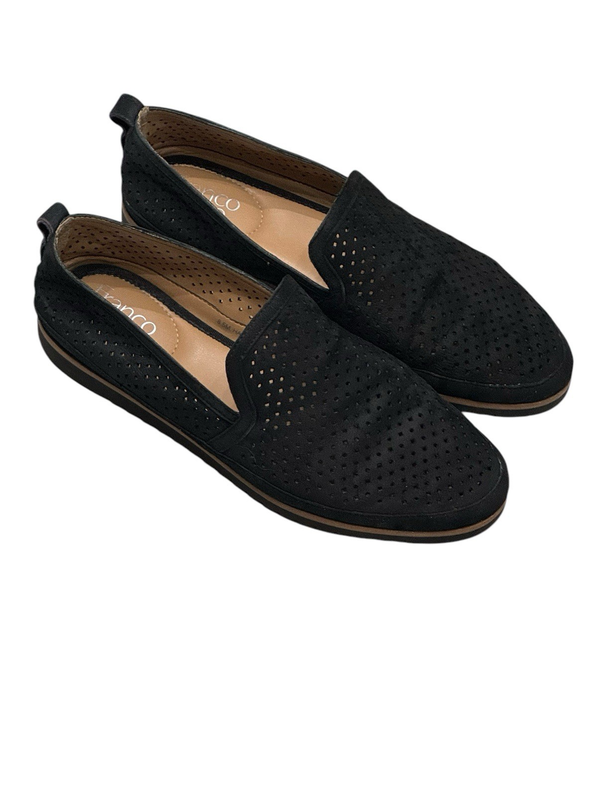 Women’s Black Suede Franco Sarto Hadrea Perforated Slip-On Loafers: Size 8.5