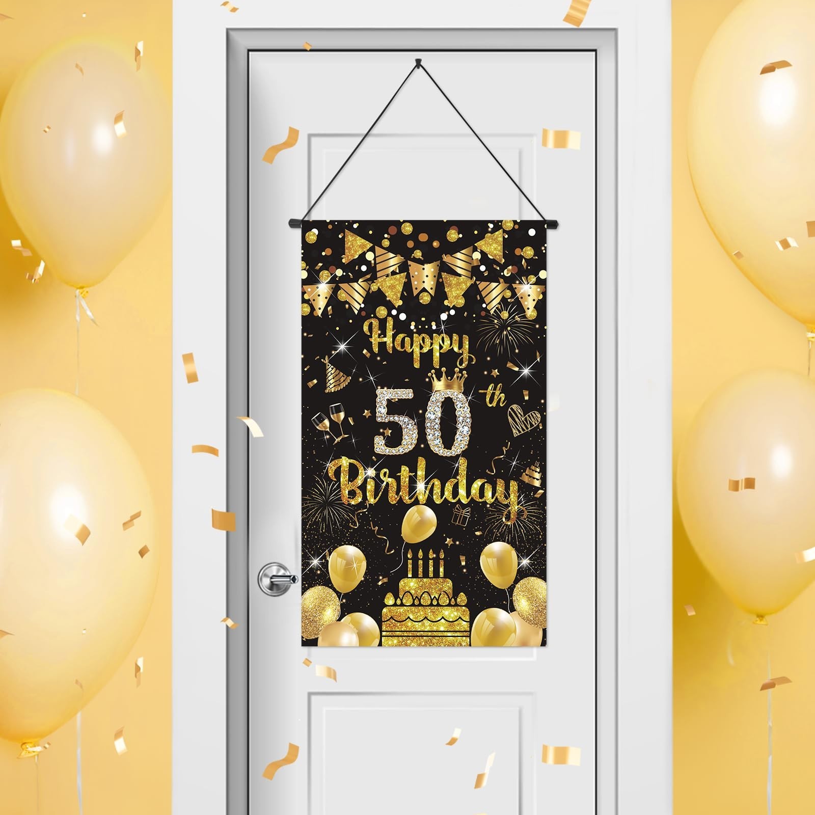Happy 50th Birthday Door Sign - Black Gold 50th Birthday Banner for Men's Fro...