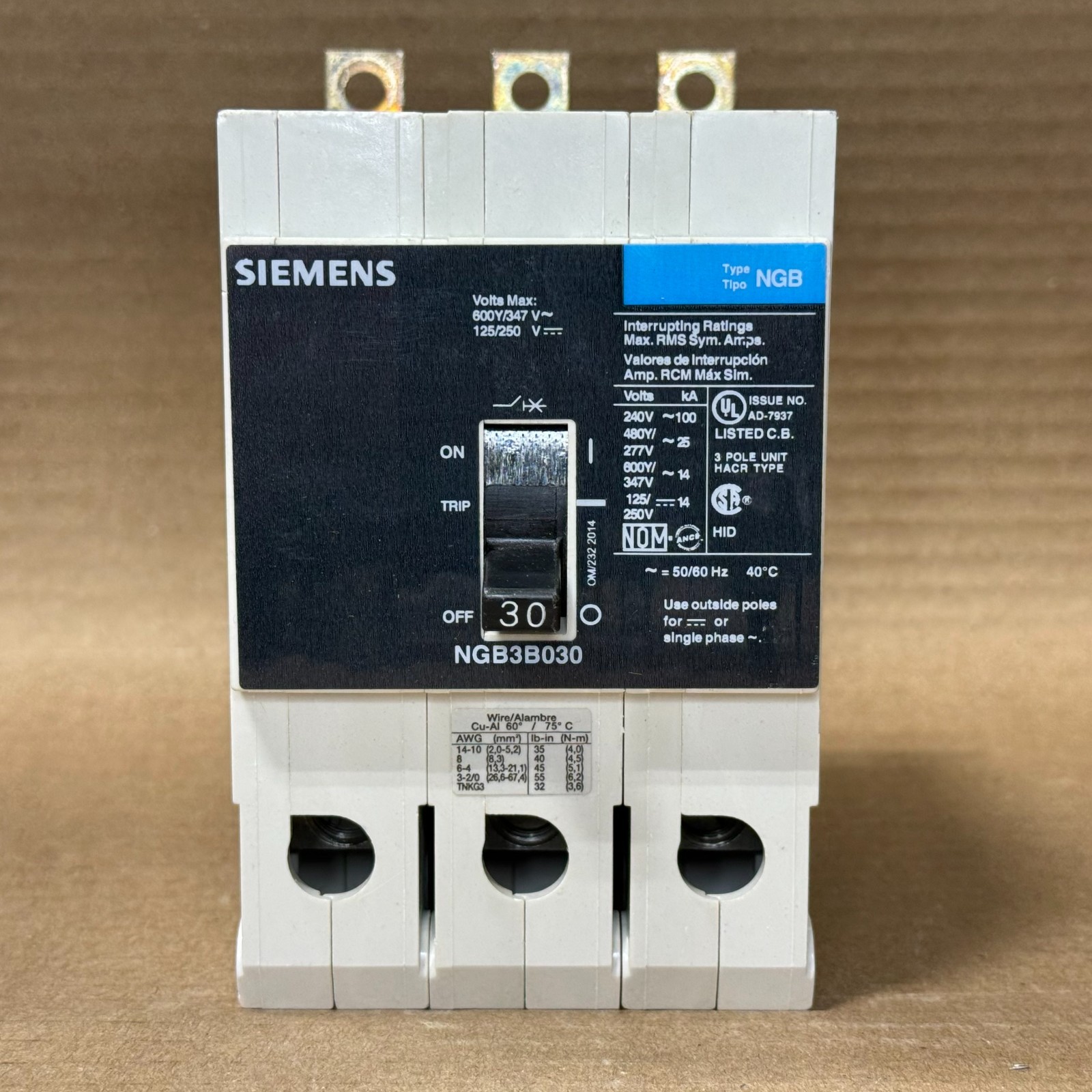 NEW SIEMENS NGB NGB3B030 3 POLE 30 AMP 480V CIRCUIT BREAKER NTO