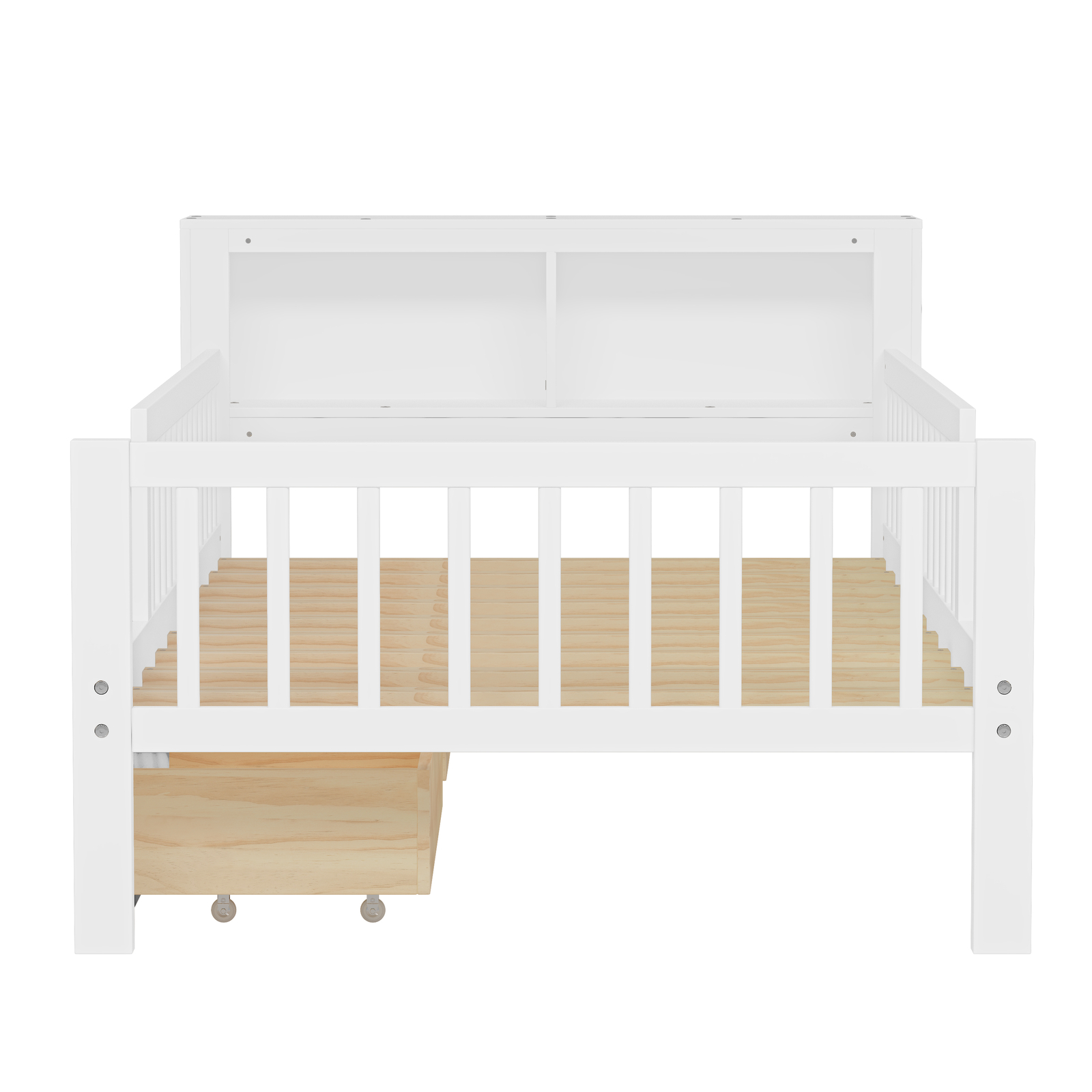 Woos Twin Size Bed with Storage Headboard Two Under-Bed Drawers Guardrails White