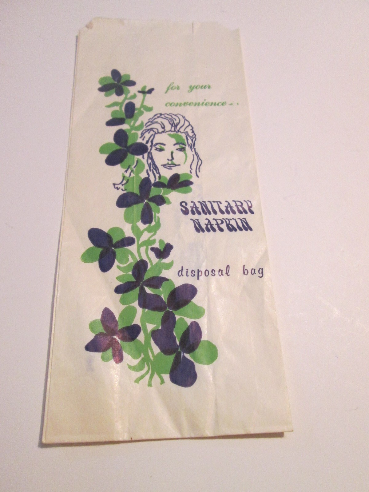 1970’s Brown Paper Goods 8B02 Sanitary Napkin Disposal Bag Green Purple Flowers