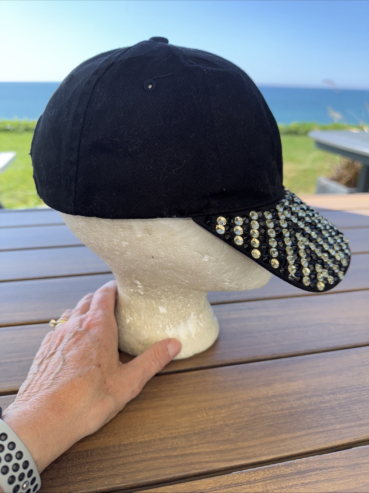 Rhinestone Black Baseball Type Hat Cap Gold and Black Sparkle Hook Loop Cotton