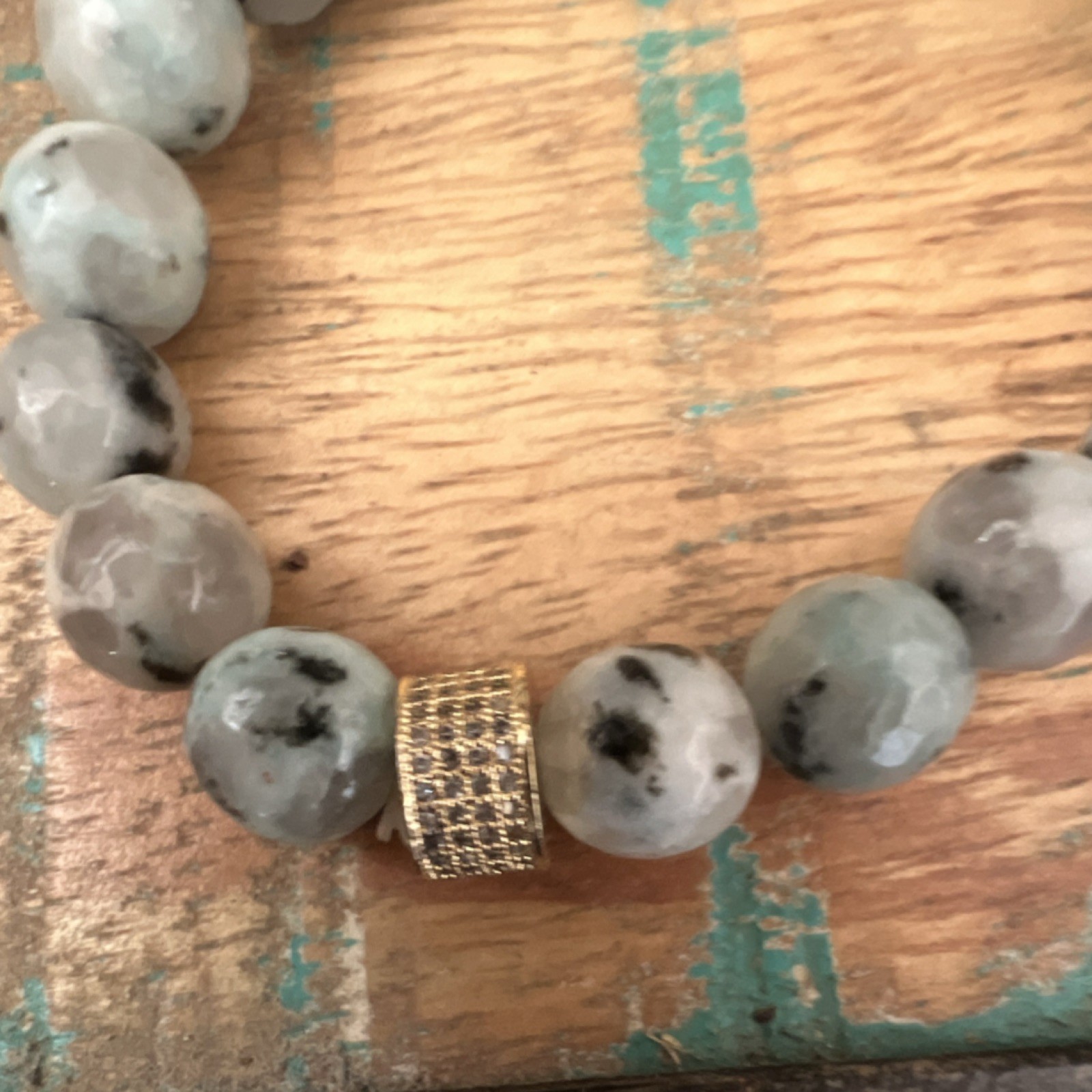 Beaded Gemstone Bracelet Gray Black Gold Stackable Round Gold Accent Unisex