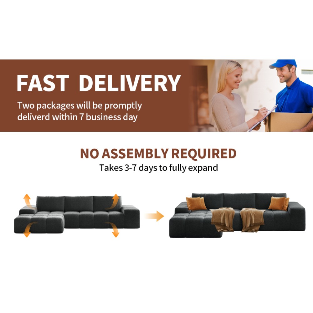 L-Shaped Modular Sofa w/ 3 Cushions, No Assembly, Soft Fabric
