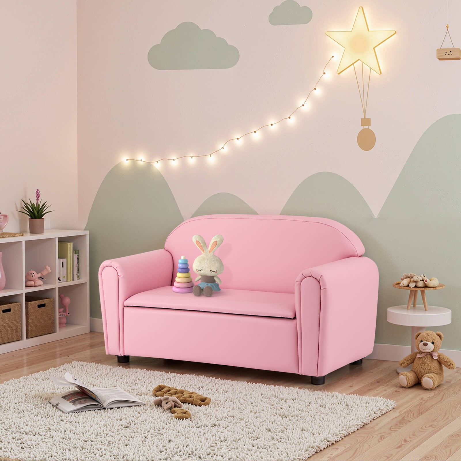 Kids Sofa Armrest Chair Lounge Couch Wood Construction Storage Box Living Room