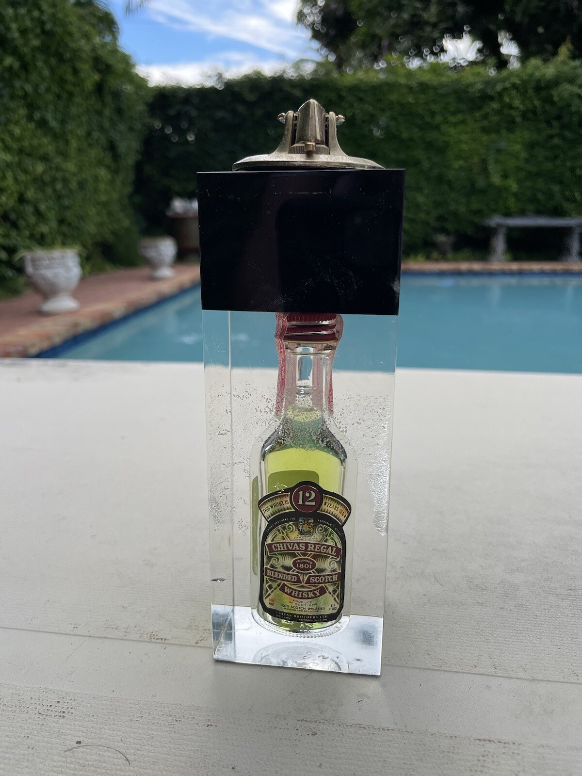Vintage United Mid-Century Modern Table Lighter Chivas Regal Bottle in Lucite