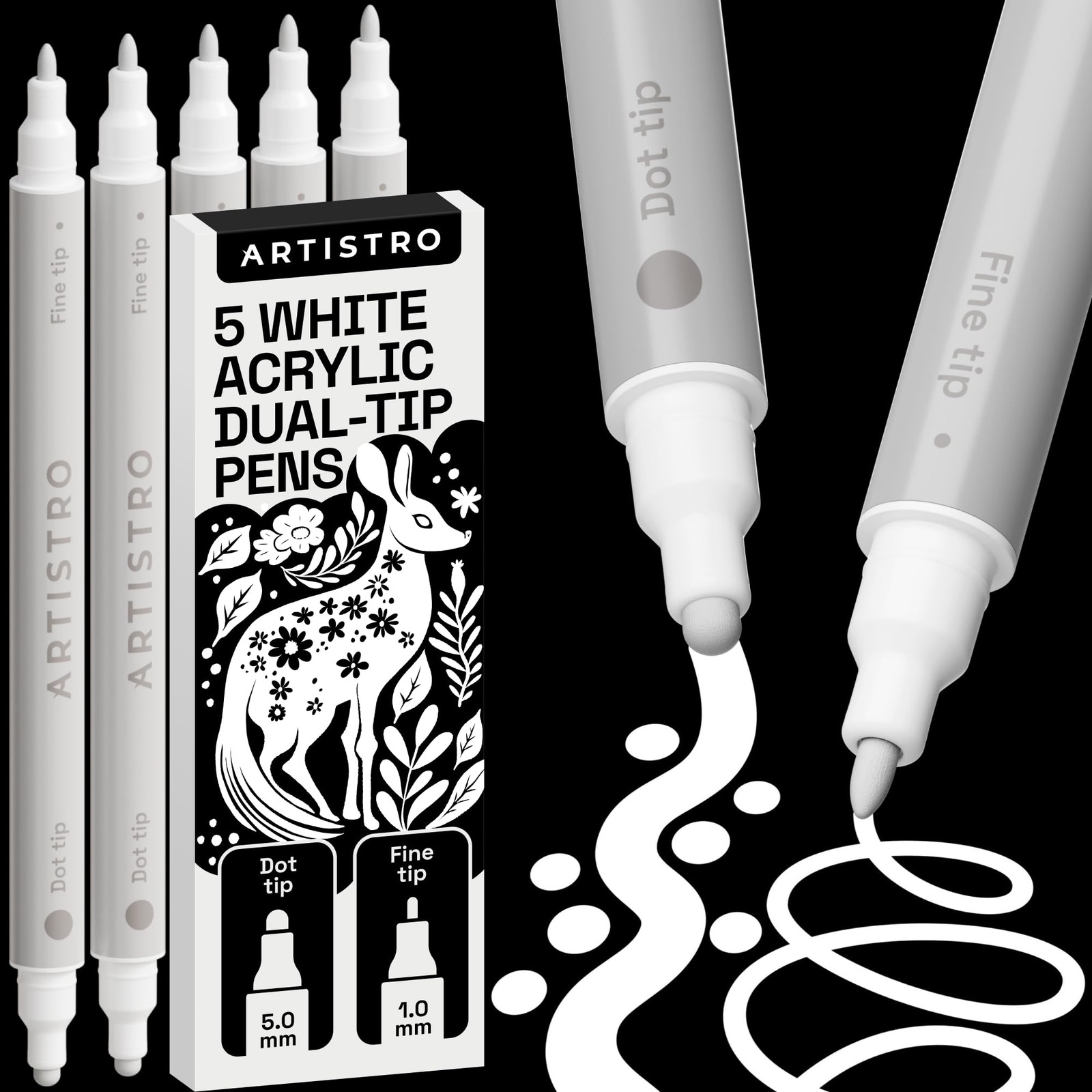 5 White Acrylic Paint Markers for Rock, Fabric, Wood, Glass, Craft, Decoratio...