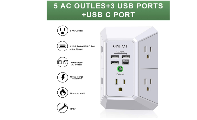 Multi Plug Outlet Surge Protector 5 Outlets Extender 4 USB Charging Ports Office