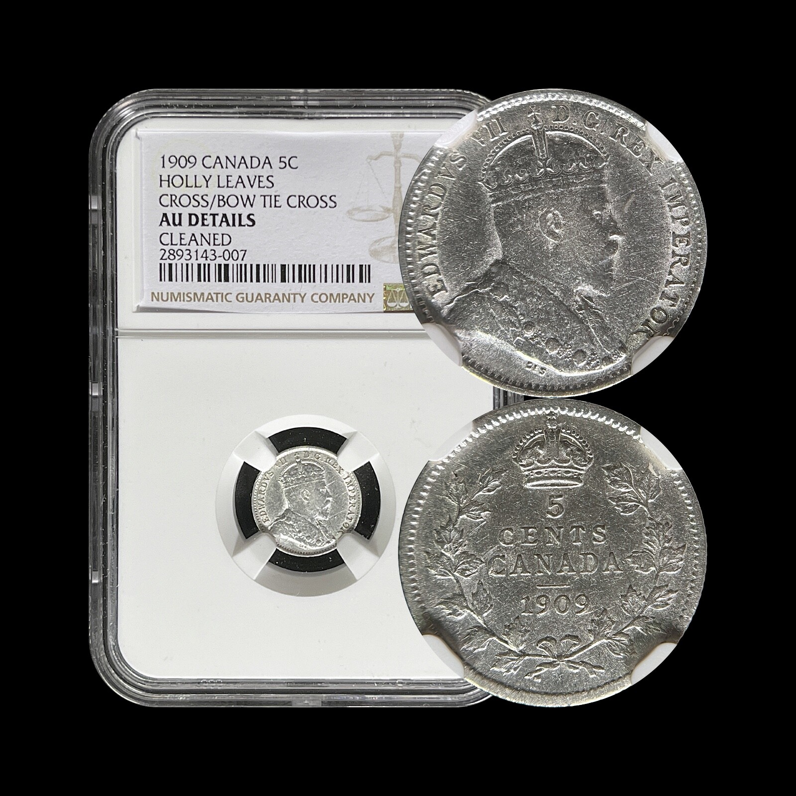 CANADA. 1909, 5 Cents, Silver - NGC AU - KEVII, Holly Pointed Leaves, KEY