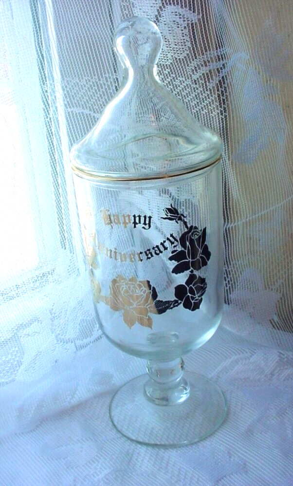 Any Year Candy Jar Vintage Clear Glass Anniversary Keepsake Roses