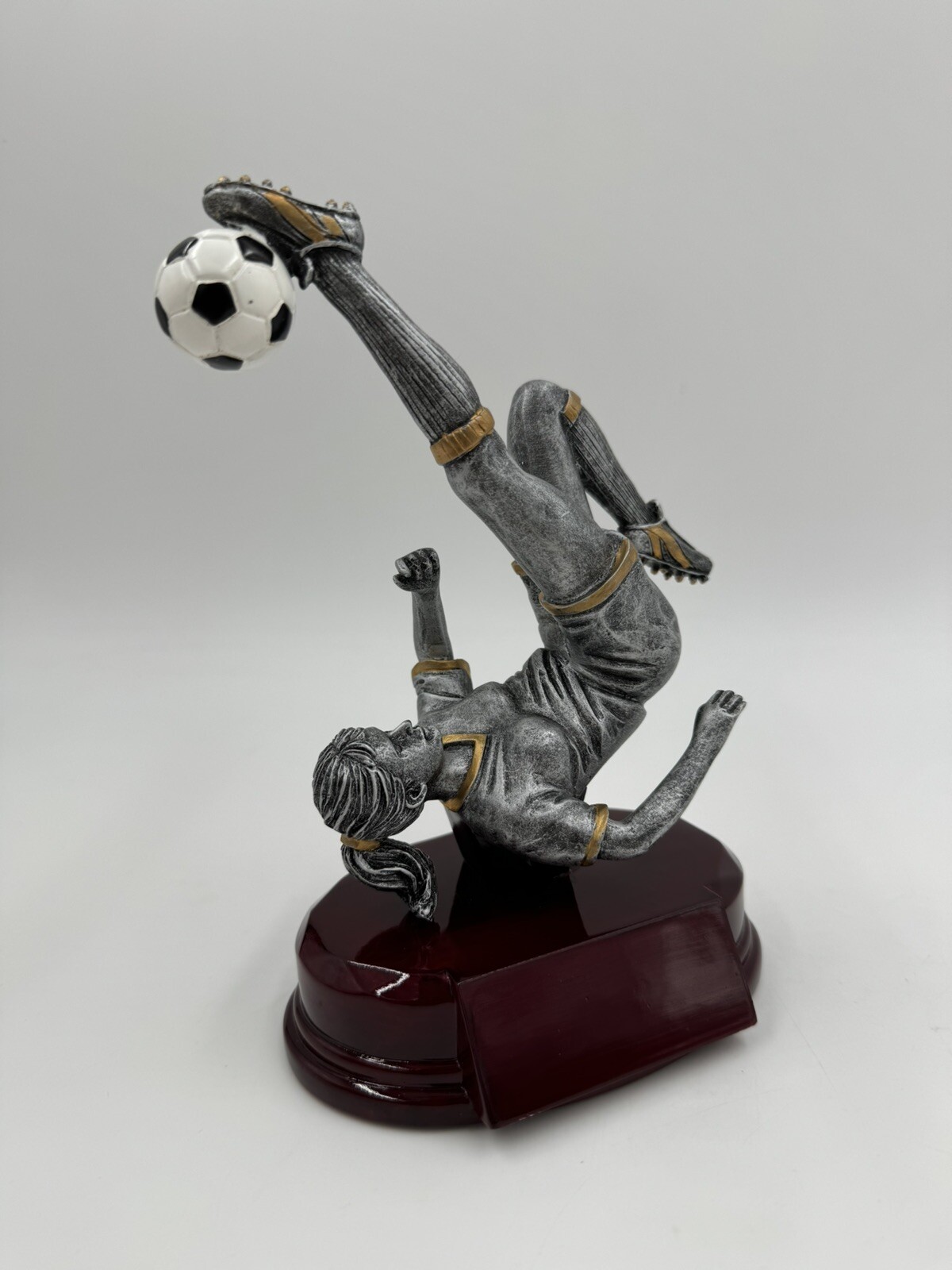 Girls Women’s Soccer Trophy Award Resin Base Gold Silver Blank Name Bicycle Kick