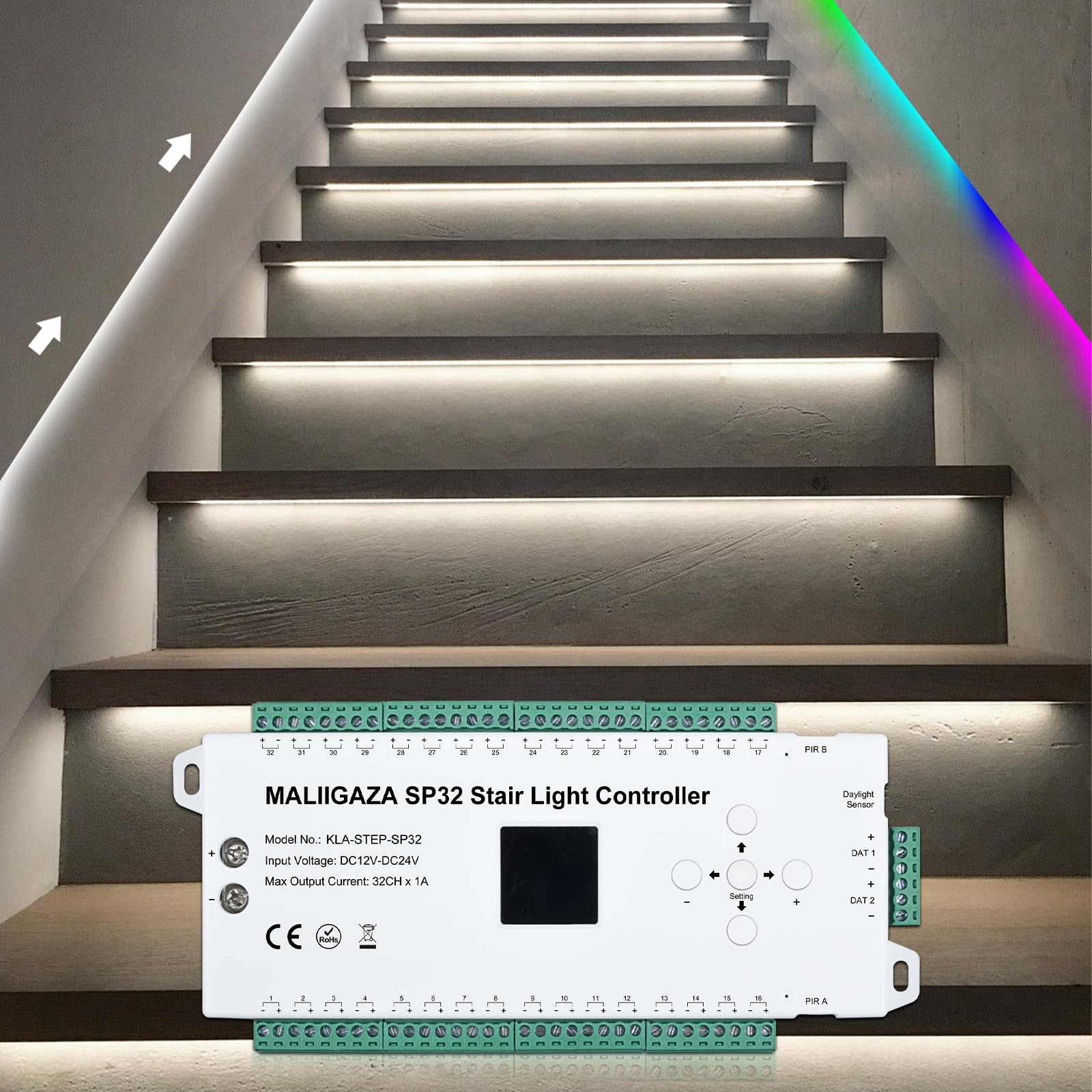 Motion Sensor LED Stair Controller, 32 Channel PIR Motion Sensor Dynamic Stairca