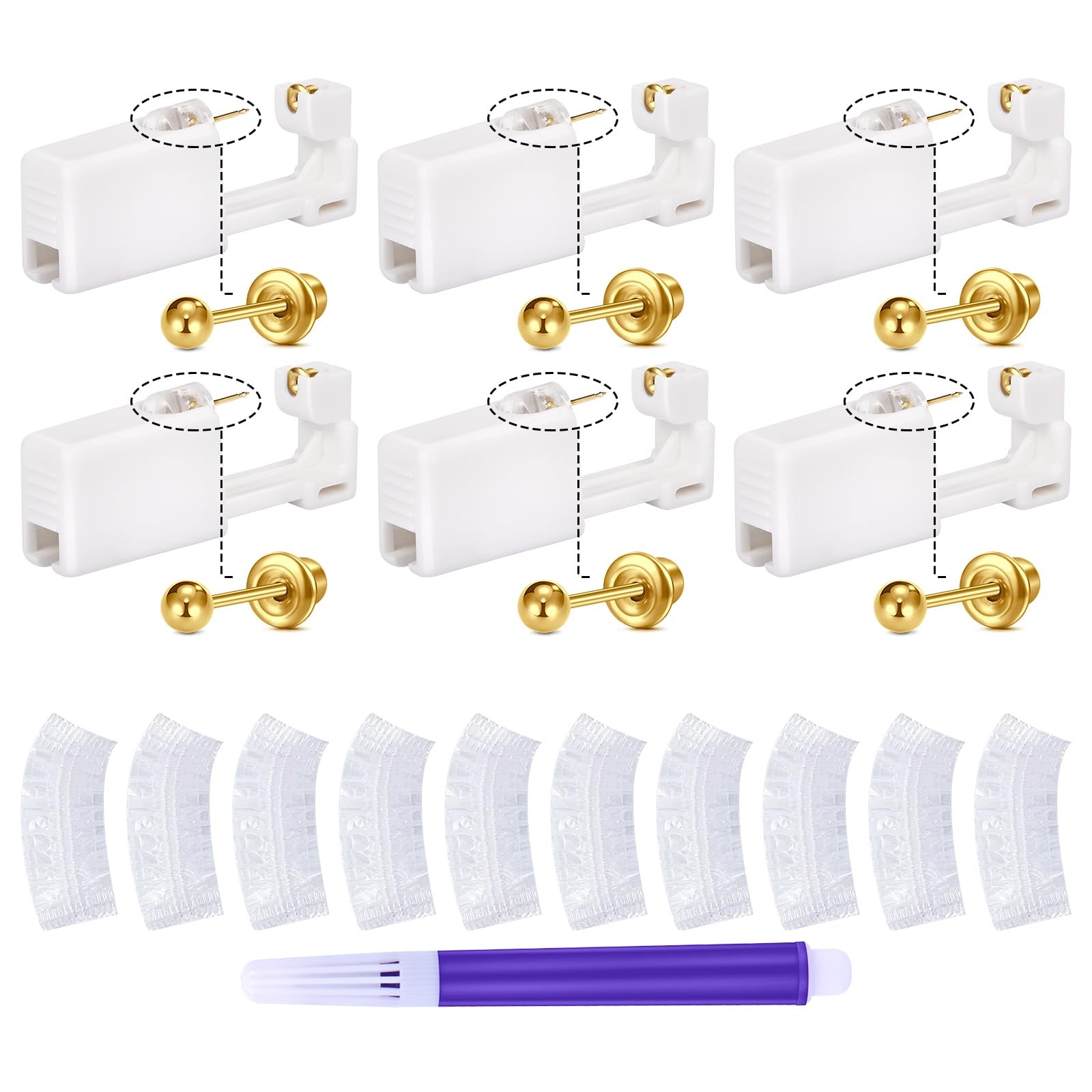 3 Pairs Ear Piercing Kit Gold Ear Piercing Gun Kit Disposable Self Piercing E...