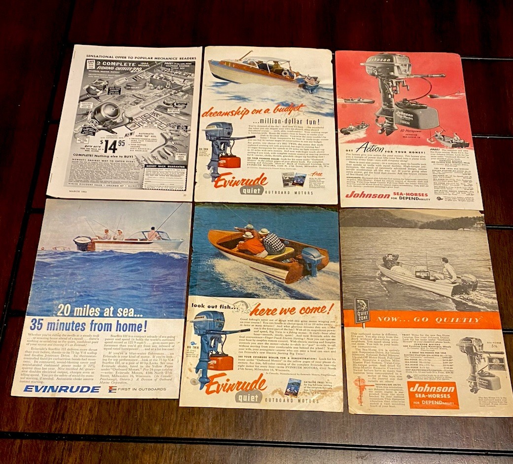 Lot (6) Vtg 1950s Sportsmans  Magazine Ads Art -Boating Fishing Johnson Evinrude