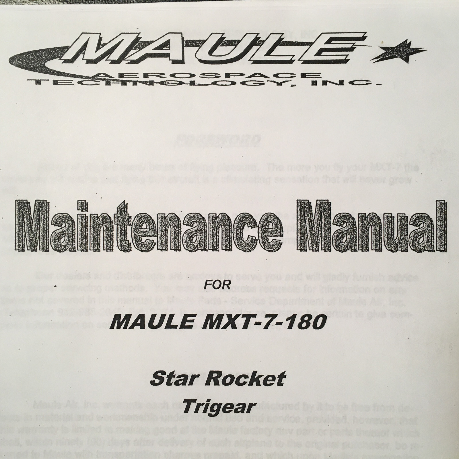Maule MXT-7-180 Maintenance Manual.    Star Rocket Trigear