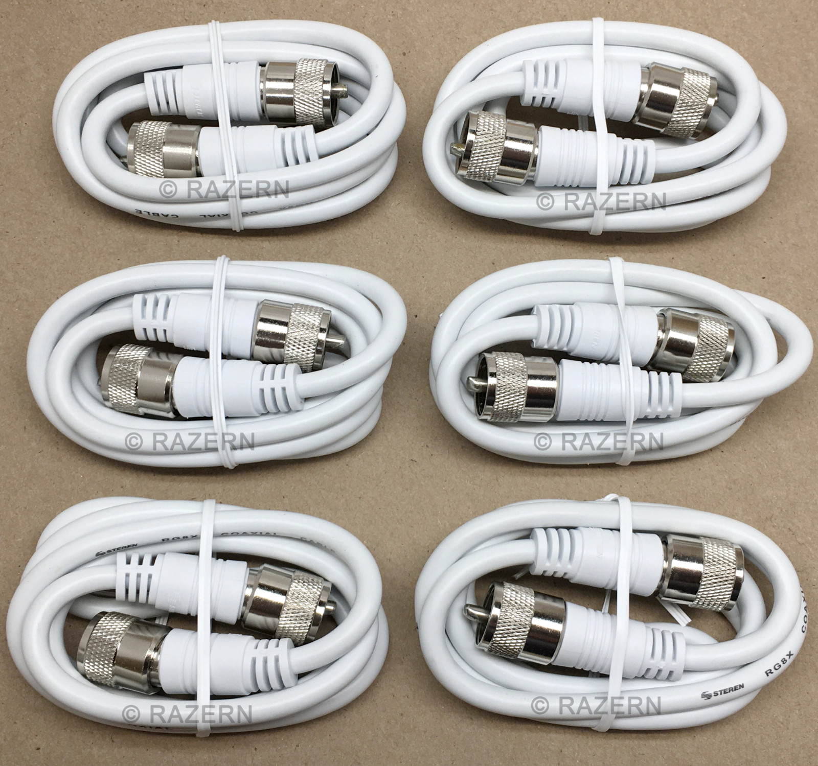 6 Lot Steren 3 ft White RG-8X Mini 8 Coax PL-259 Ham Radio Antenna Jumper Cable
