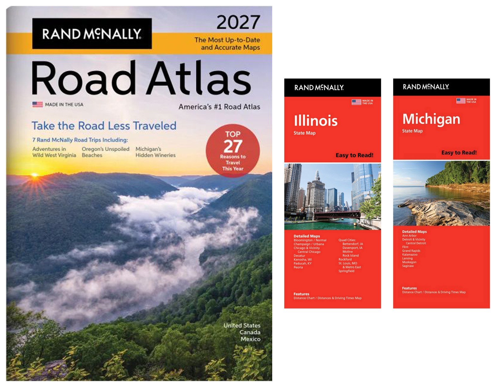 Rand McNally 2027 Road Atlas with Easy-to-Read Illinois & Michigan State Maps