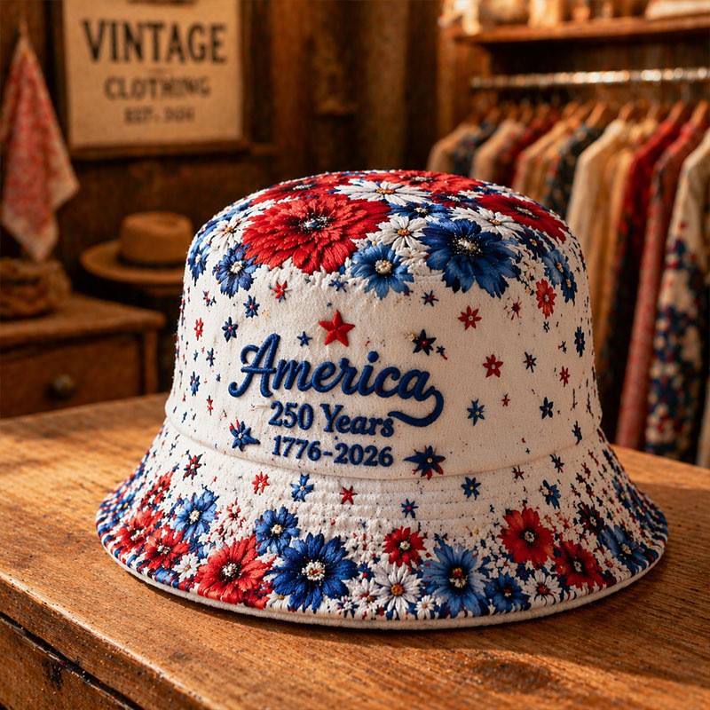Vintage 1776-2026 USA Patriotic Bucket Hat Flower Stars Sun Hat Women Men Summer